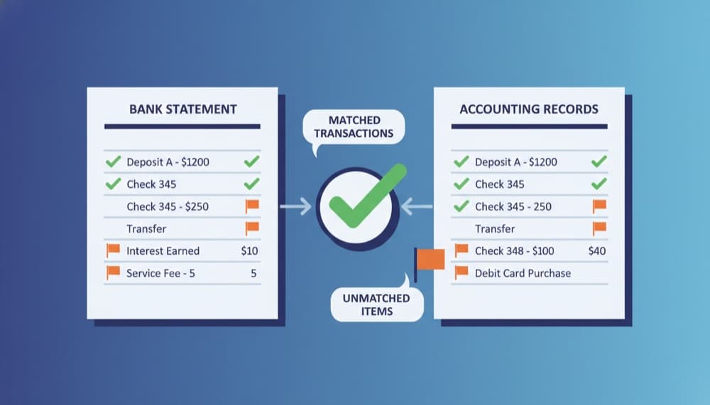 Bank reconciliation showing bank statement matched with accounting records using green checkmarks