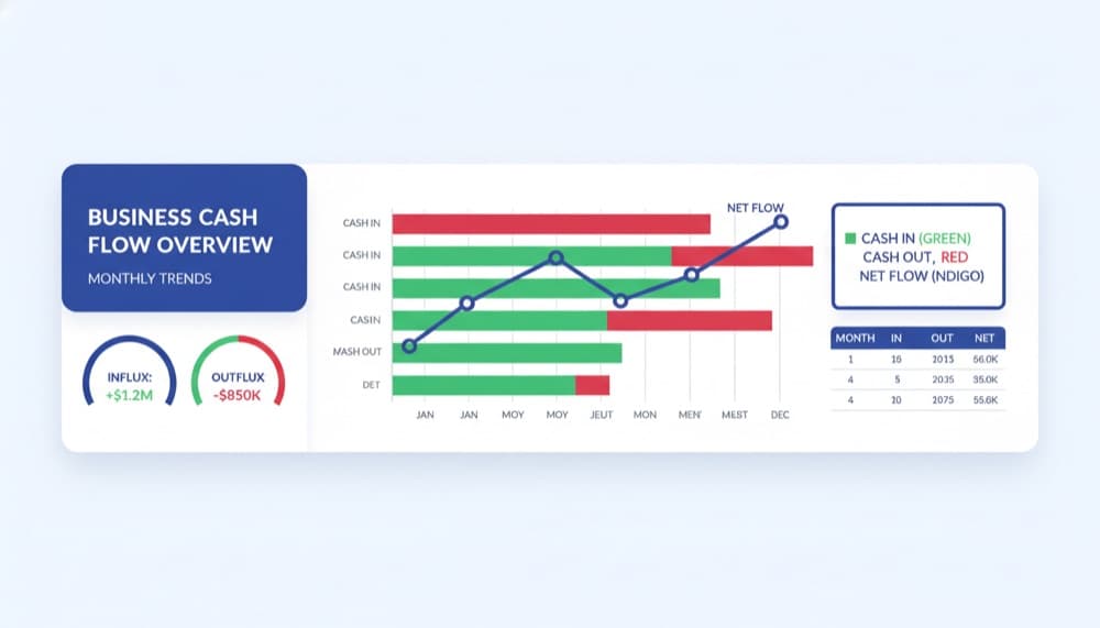 Monthly cash flow bar chart showing inflows in green and outflows in red