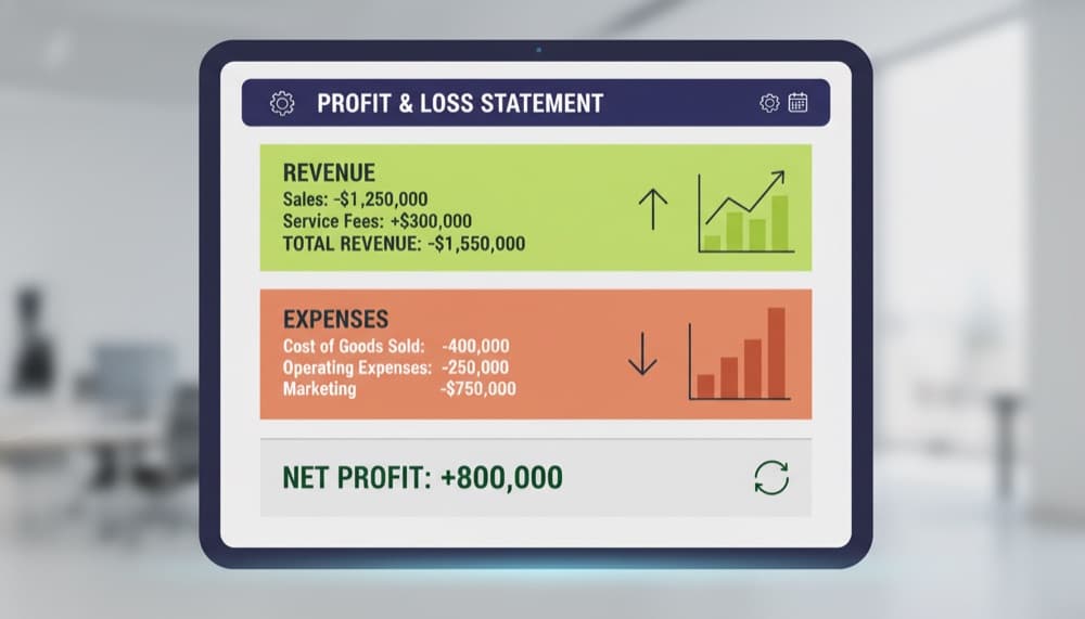 Profit and Loss statement showing revenue, expenses, and net profit lines