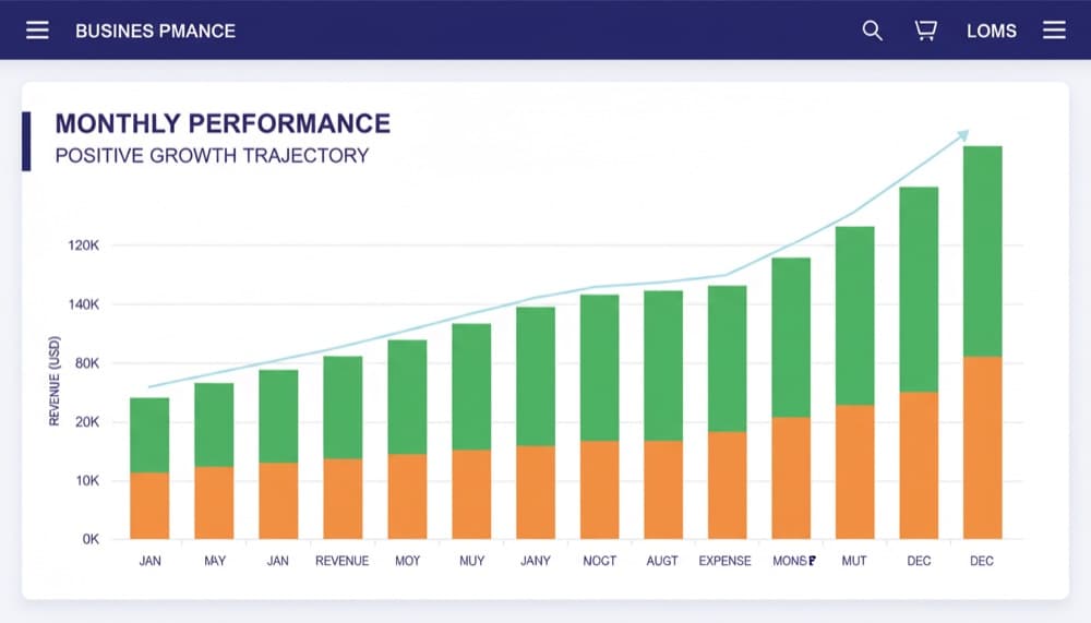 Bar chart comparing monthly revenue and expenses over 12 months with upward trend