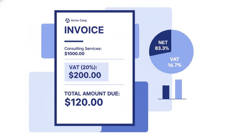 Invoice showing VAT calculation with net amount, VAT percentage, and total