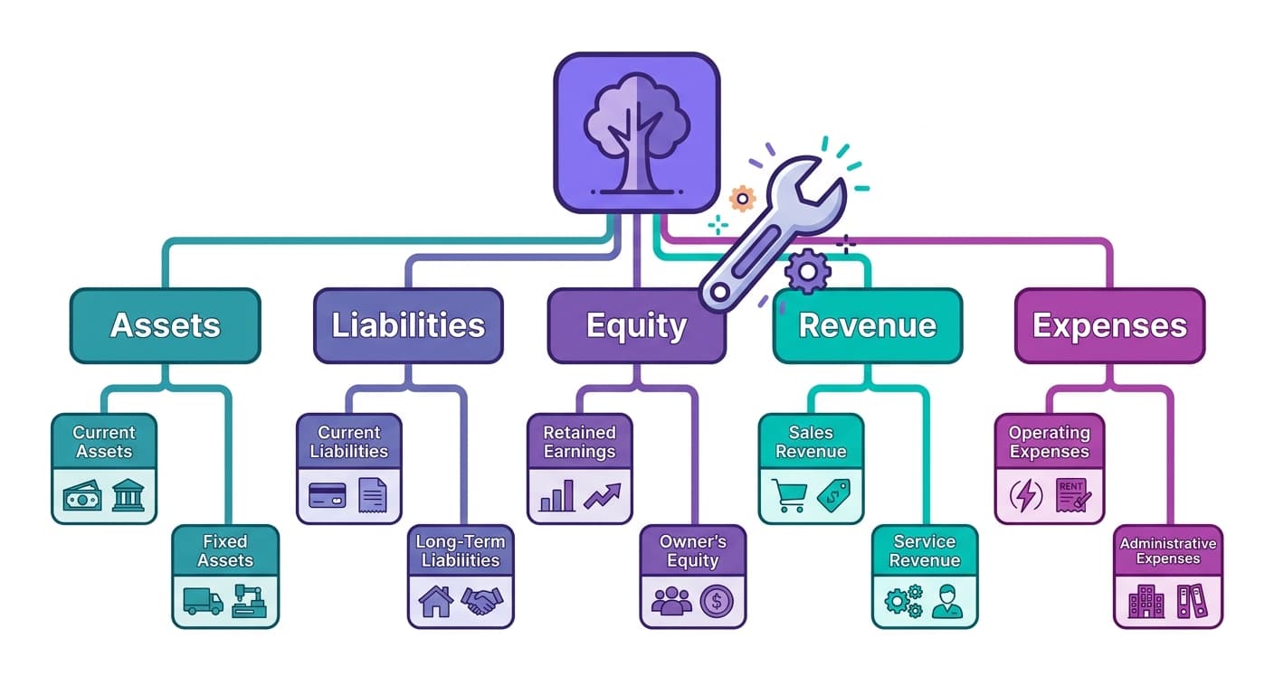 Hierarchical chart of accounts showing Assets, Liabilities, Equity, Revenue, and Expense categories