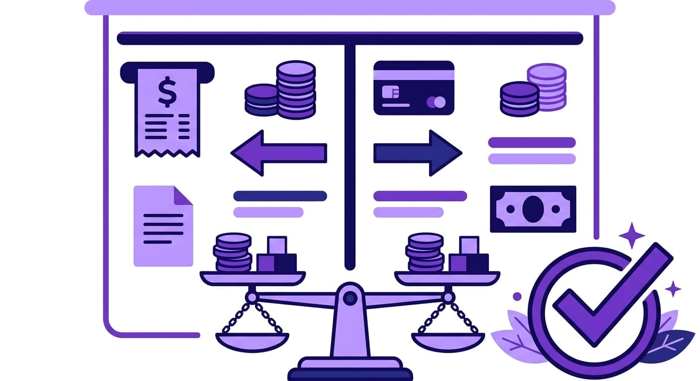 T-account ledger with balanced debit and credit entries confirmed by a scale