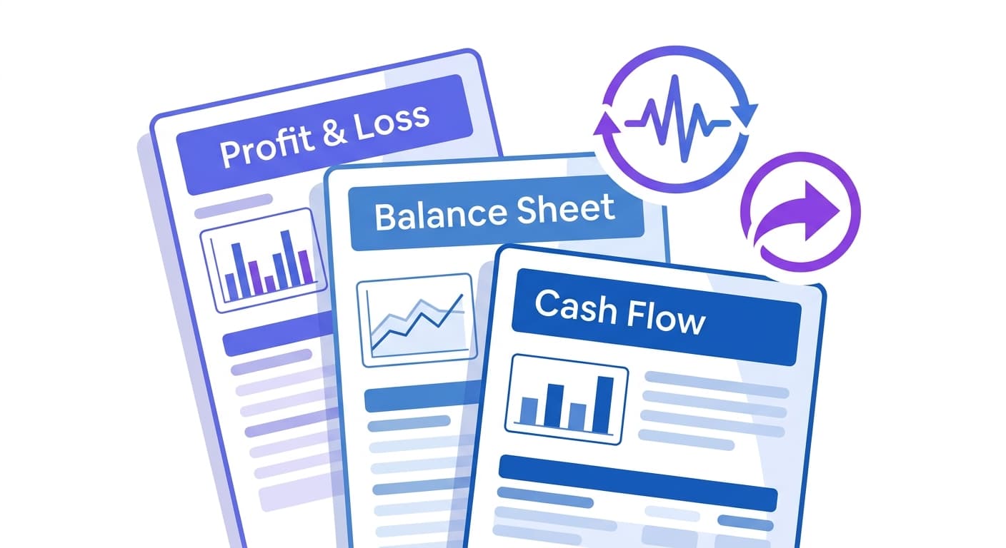 P&L, Balance Sheet, and Cash Flow reports updating in real time with export options