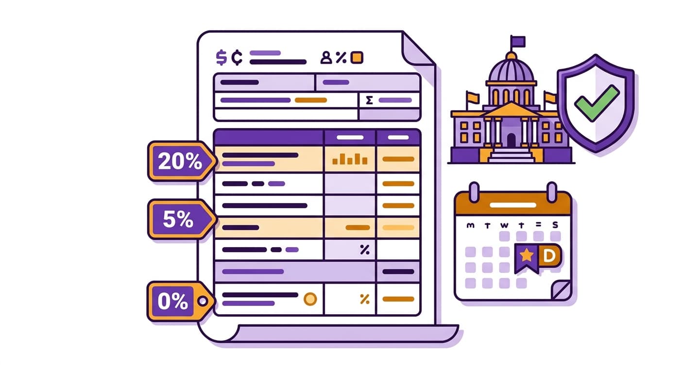 Tax form with rate badges and compliance shield for VAT, GST, and sales tax filing