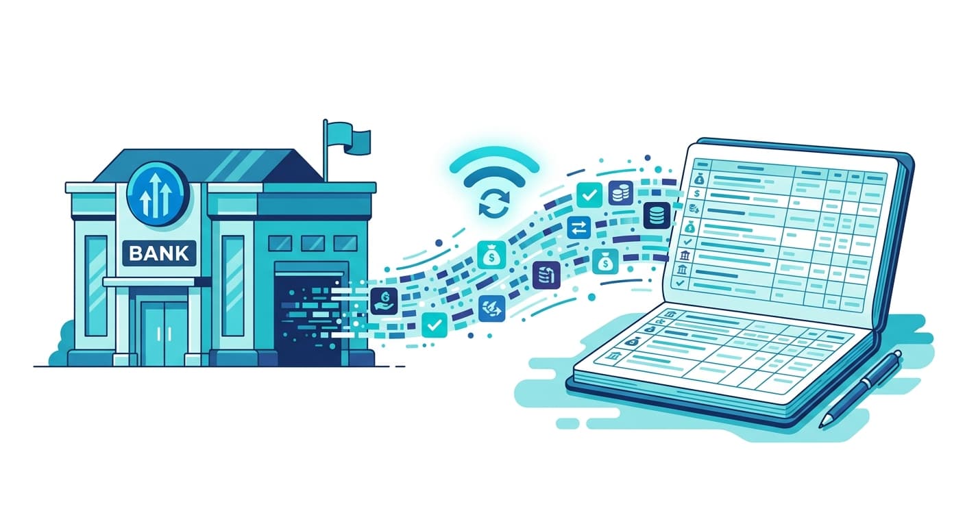 Bank building with live transaction stream flowing automatically into an accounting ledger