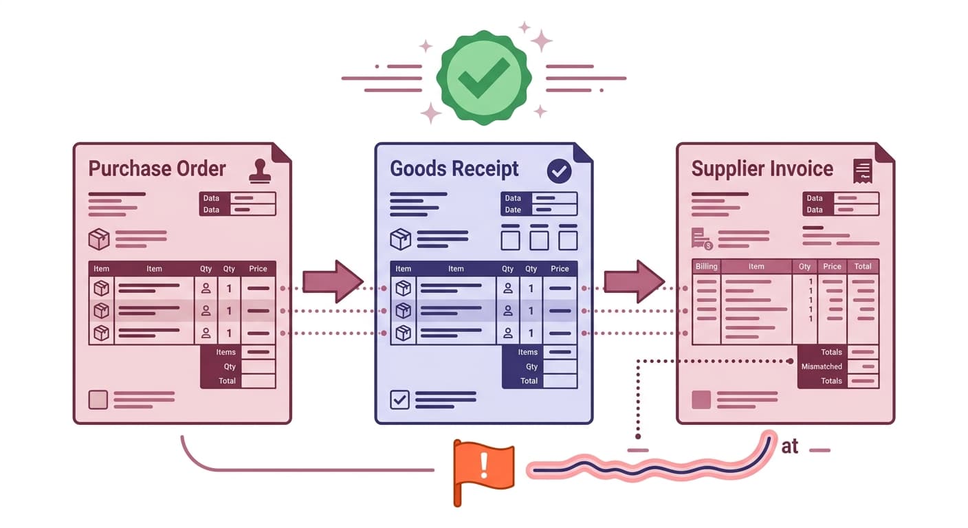 Three-way PO matching showing purchase order, goods receipt, and supplier invoice alignment