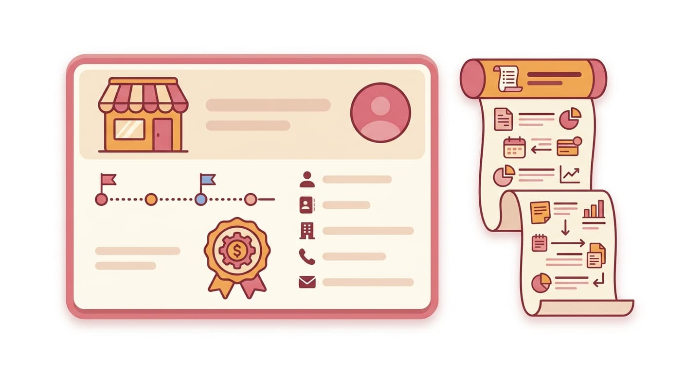 Vendor contact profile showing payment terms and full transaction history