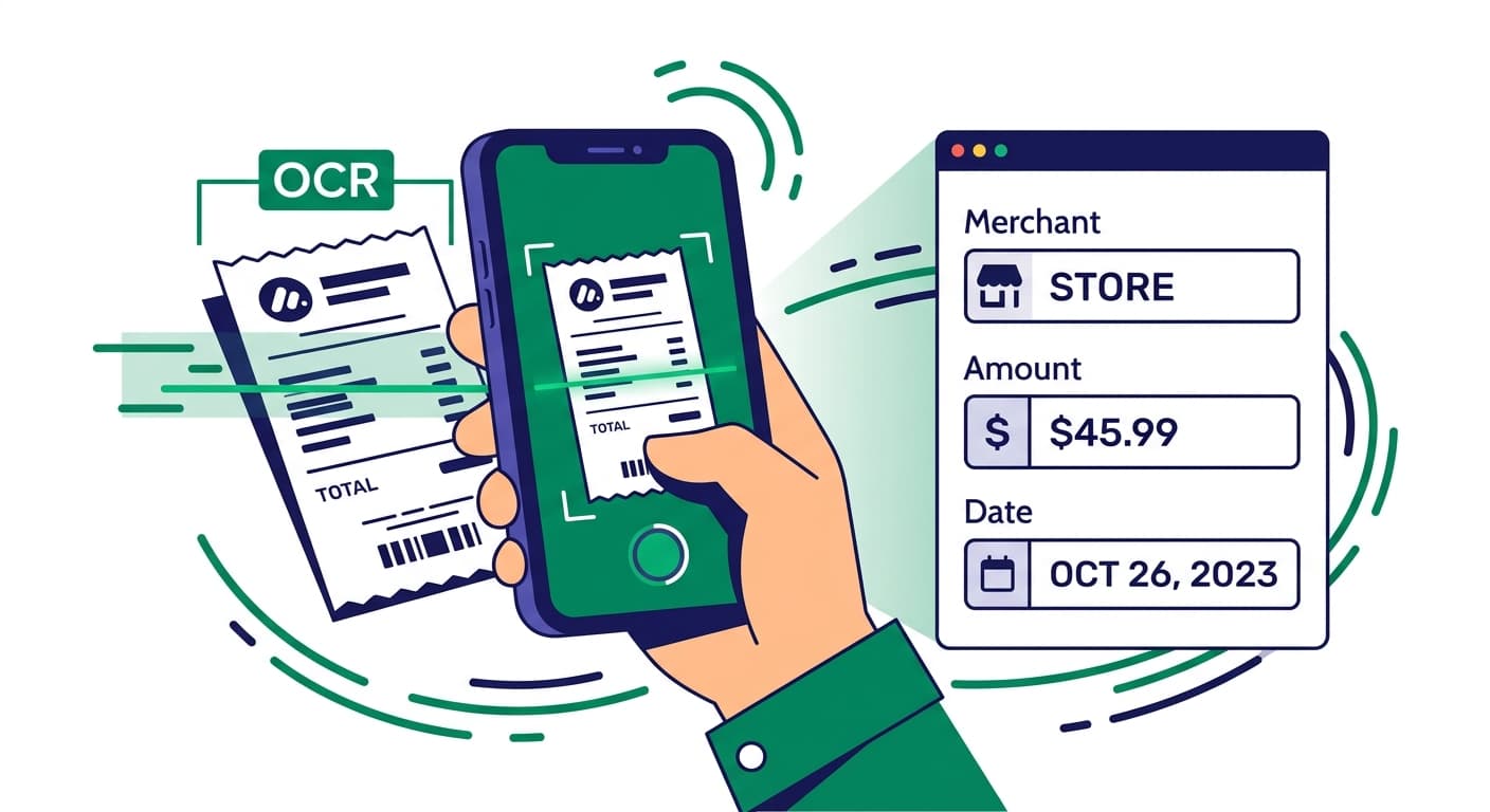 Smartphone capturing a receipt with OCR auto-filling expense fields