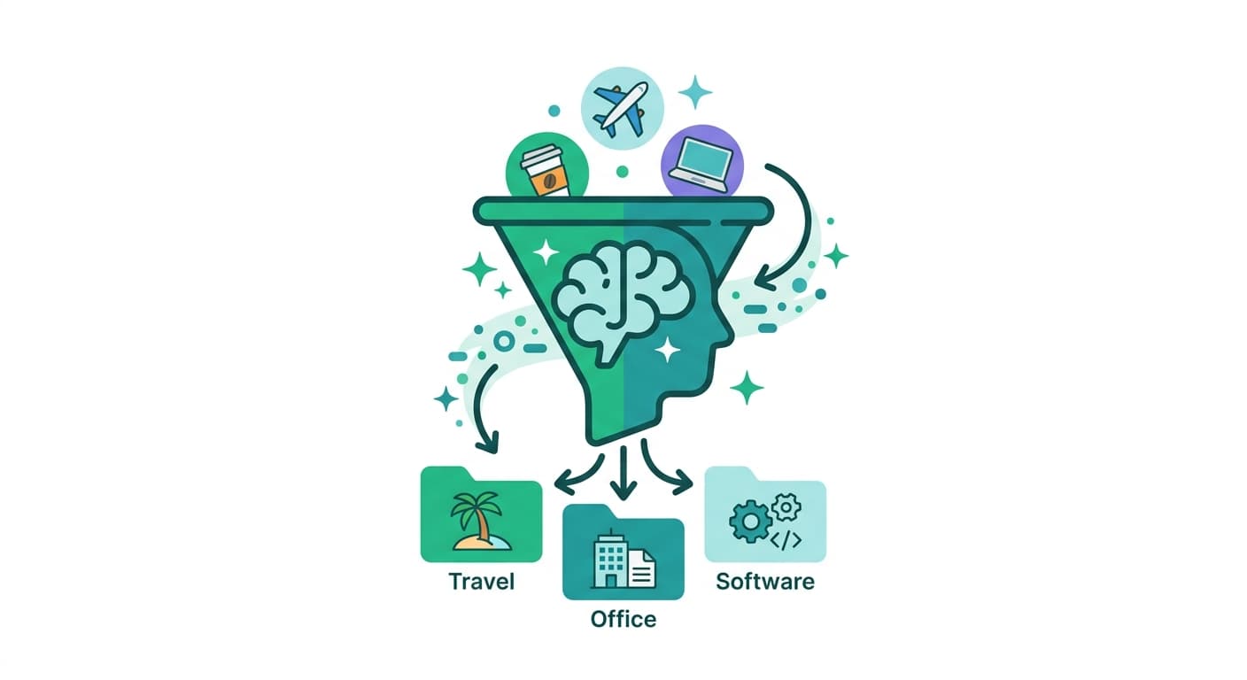 AI categorization funnel sorting expenses into Travel, Office, and Software categories