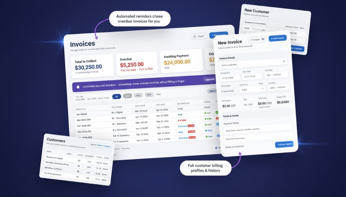 Note.now invoicing dashboard showing invoice list with status tracking, payment reminders, and summary cards