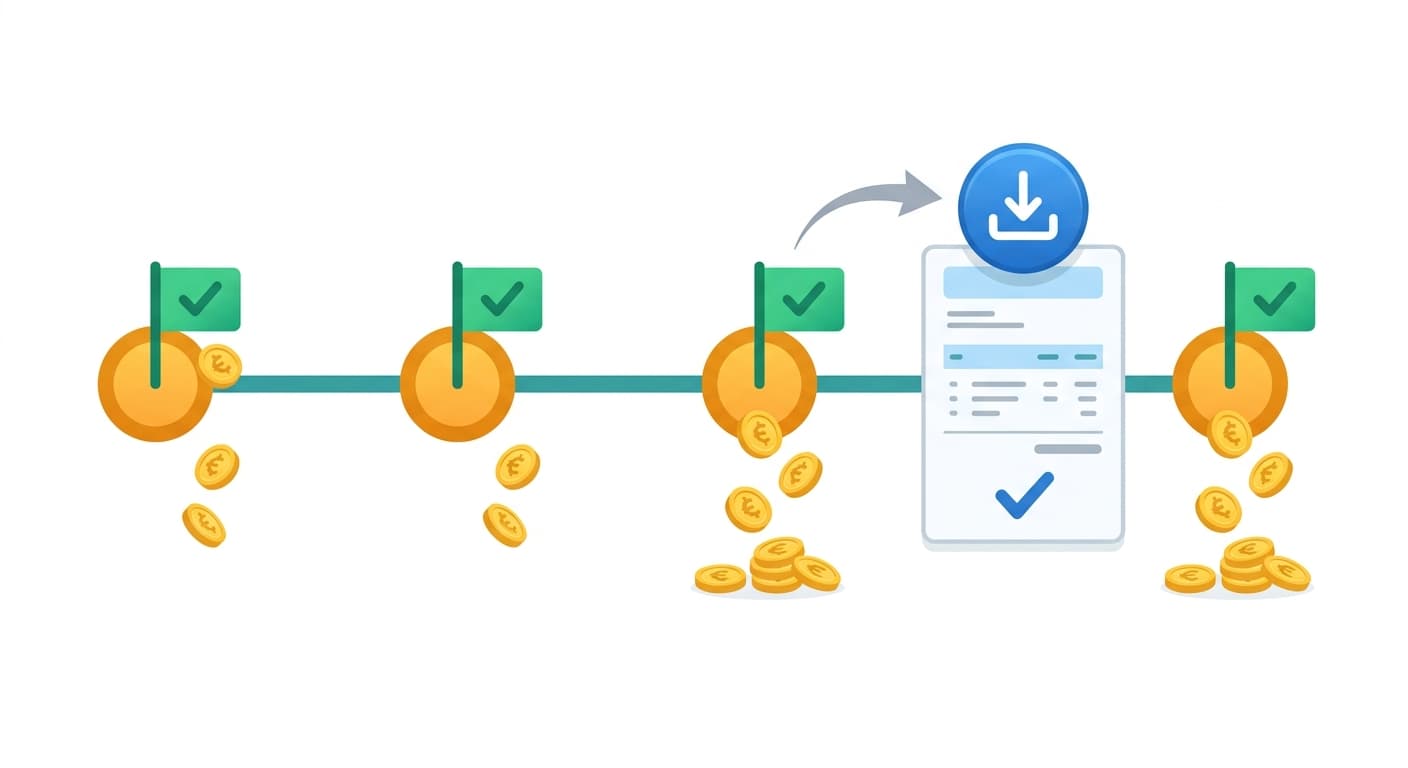 Project timeline with milestone flags triggering automatic invoice generation