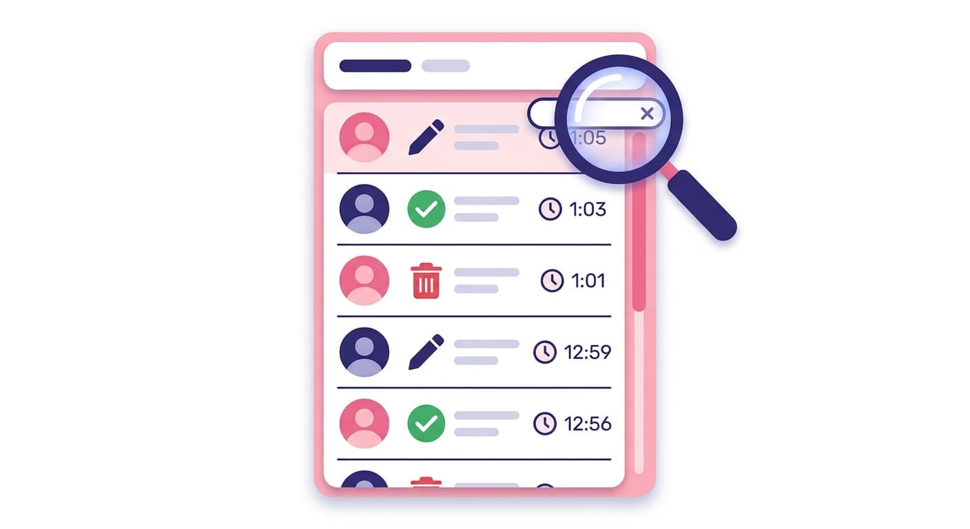 Audit trail log showing timestamped user actions