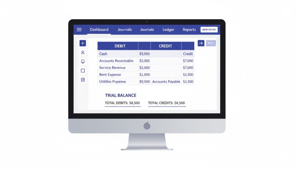 Accounting journal entries on screen showing debit and credit columns