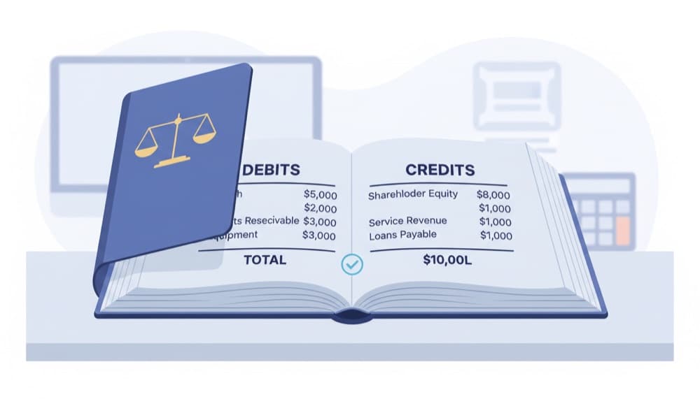 Double-entry accounting ledger showing debits and credits in balance