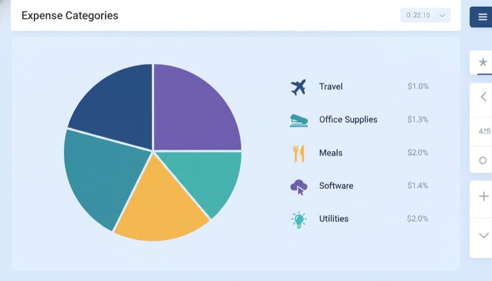 Expense categories dashboard with pie chart showing travel, office supplies, meals, software, and utilities