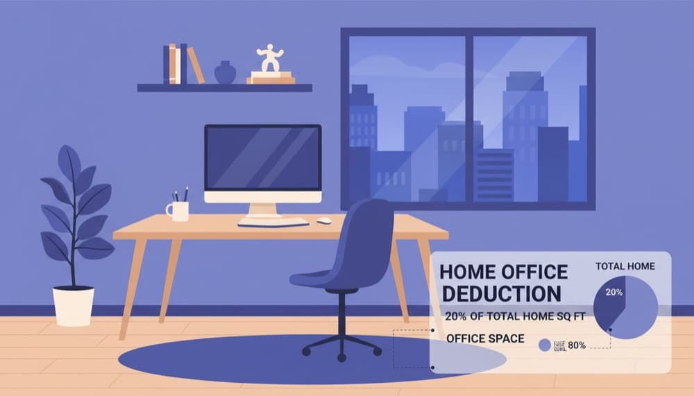 Modern home office setup with measurement overlay showing deductible percentage