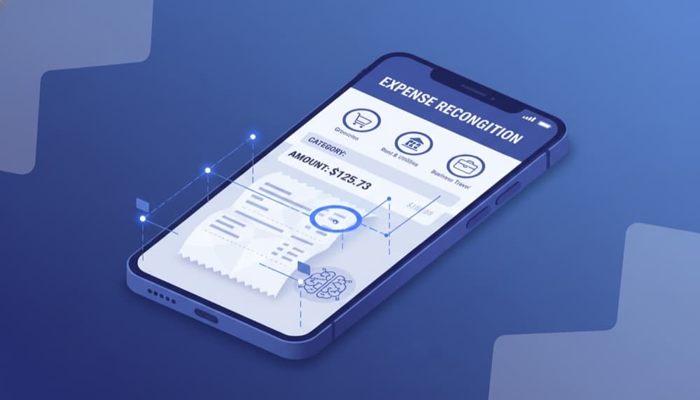 Smartphone scanning a paper receipt with AI categorization on screen