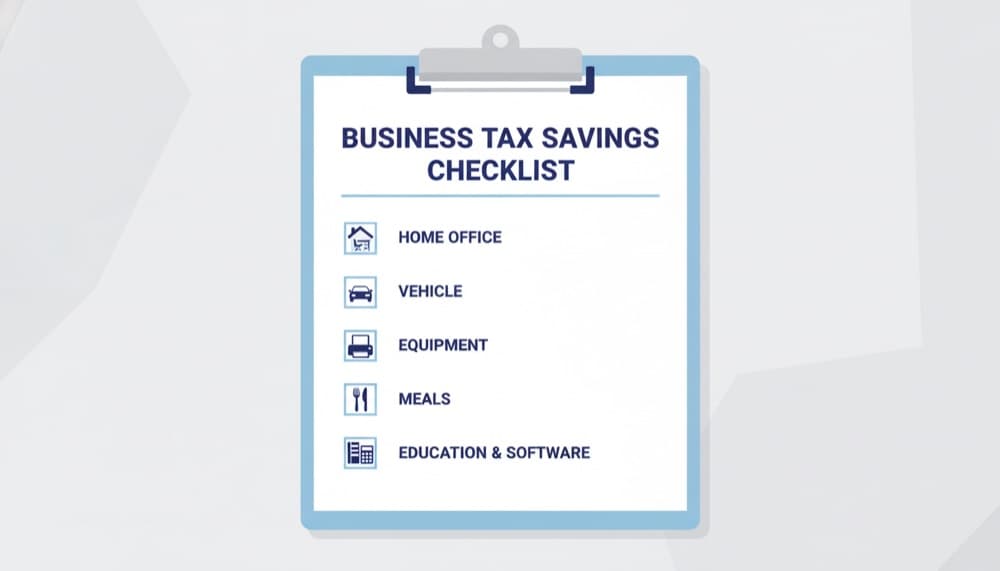 Tax deductions checklist showing categories like home office, vehicle, equipment, and meals