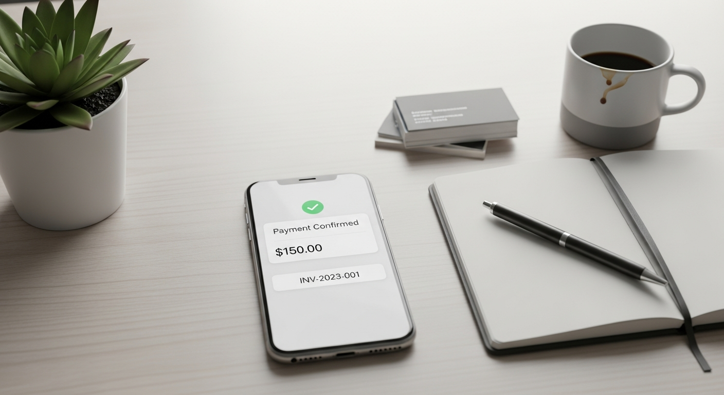 A smartphone displaying an invoice payment confirmation notification, placed on a minimal office desk