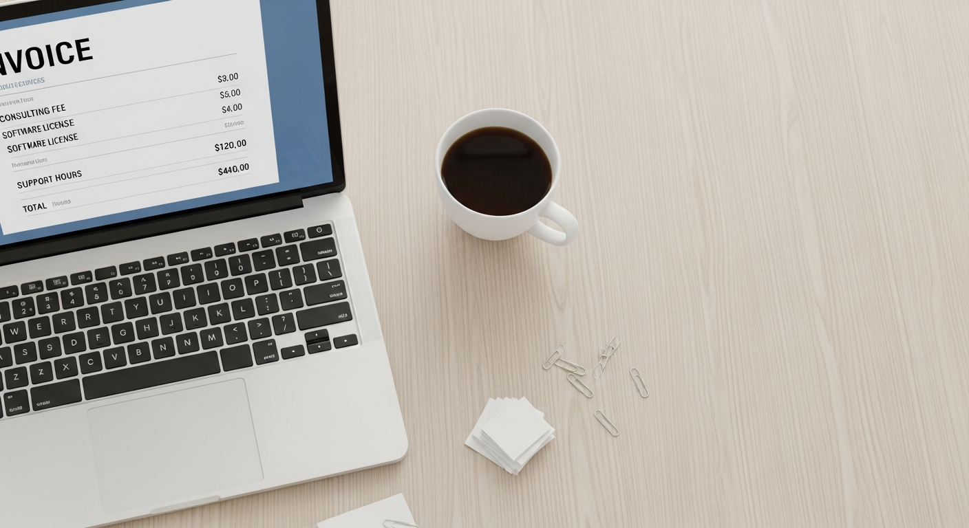 A laptop screen showing a clean digital invoice with itemized services, next to a coffee cup on a wooden desk