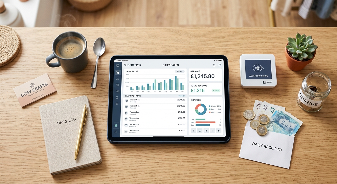 A cozy small shop counter with a tablet running a point-of-sale or accounting app