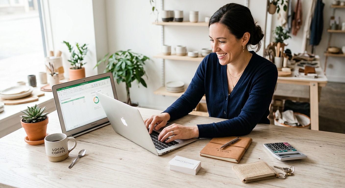 A small business owner smiling while working on a laptop in a bright, minimalist shop interior