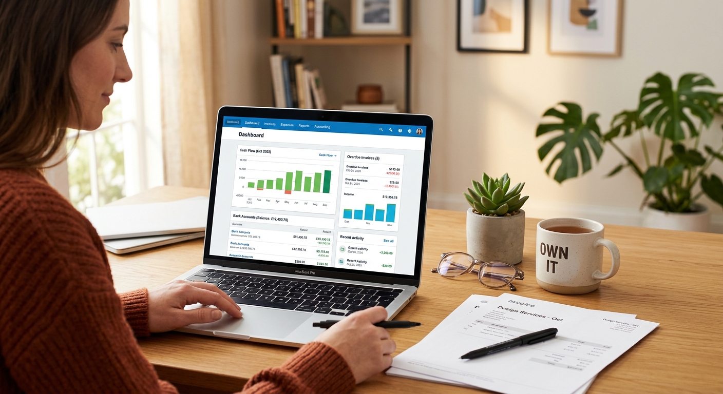 A close-up of a laptop screen showing accounting or business management software in a tidy workspace