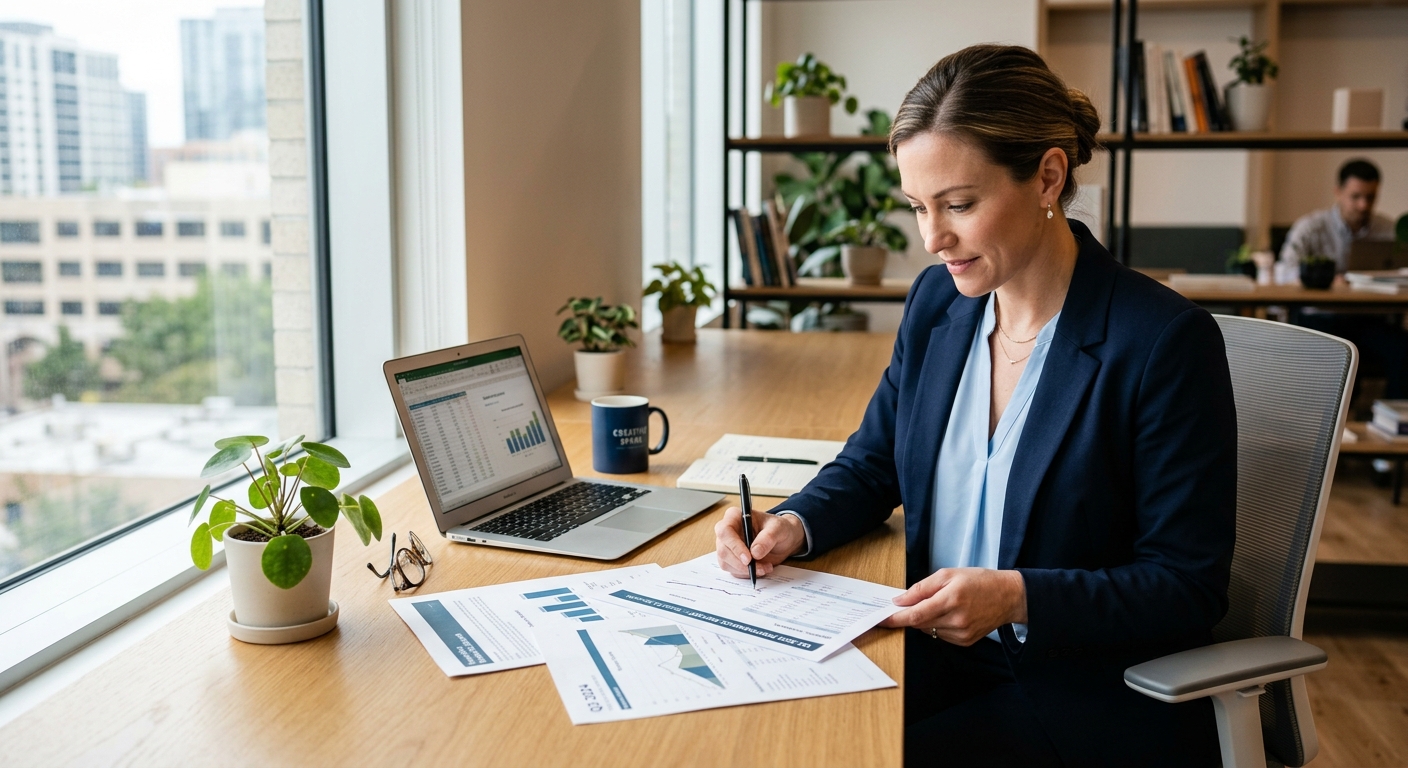 A business professional reviewing documents and financial reports on a clean office desk, natural light