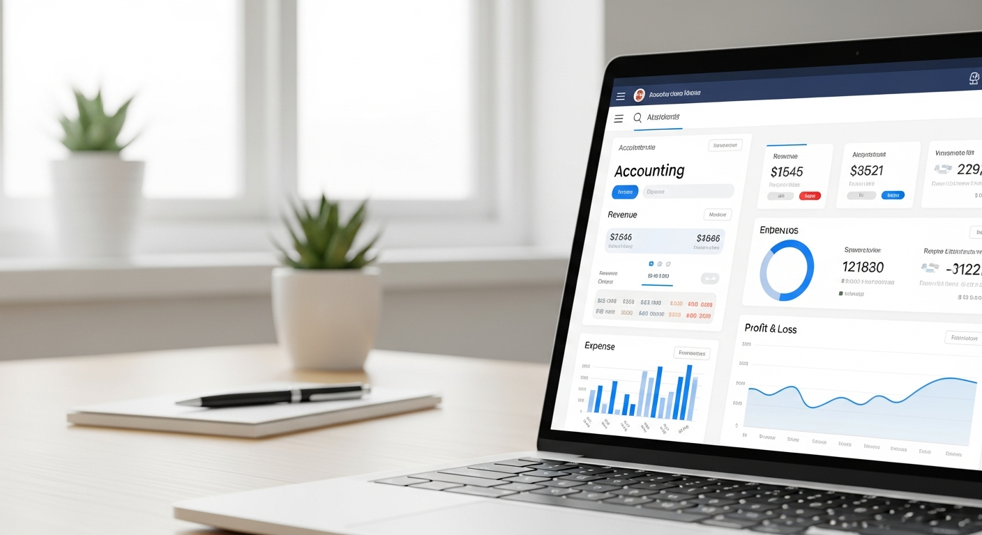 A close-up of a laptop screen showing accounting or business management software in a tidy workspace