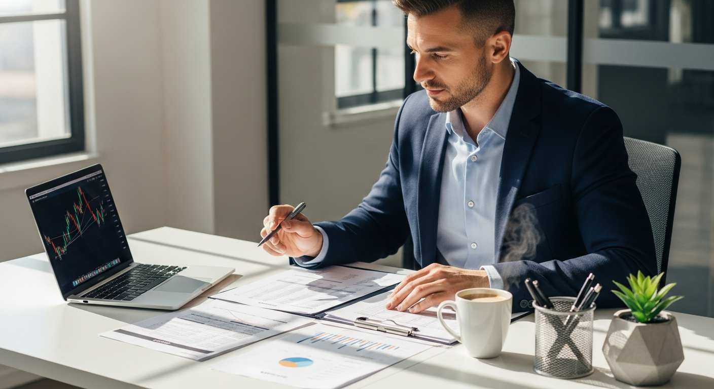 A business professional reviewing documents and financial reports on a clean office desk, natural light
